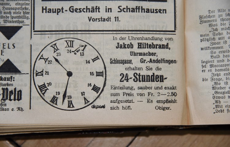 Inserat vom Juni 1920 in der «AZ»: Neue Uhren mit der 24-Stunden-Einteilung.