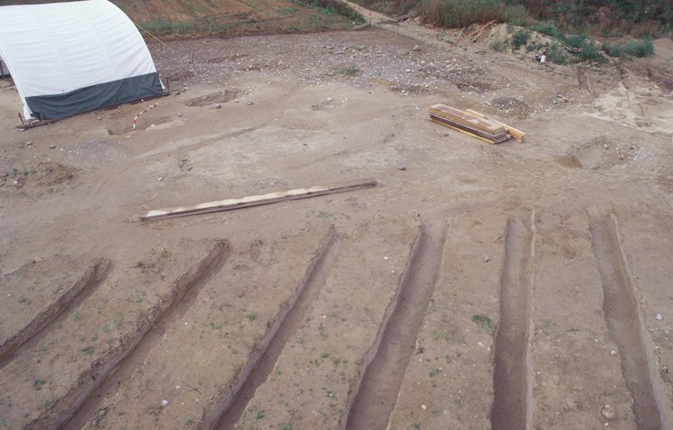 Die Grabungsstätte von 1997, im Vordergrund die von Hand ausgehobenen Sondierschnitte.