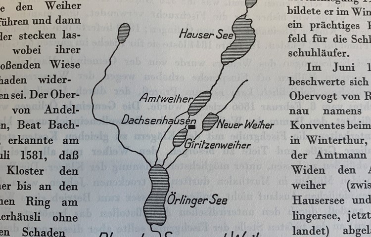 Diese Karte zeigt die Lage und Grösse der Seen und Weiher bei Ossingen im Jahr 1667. Klicken Sie auf das Bild, um es zu vergrössern.
