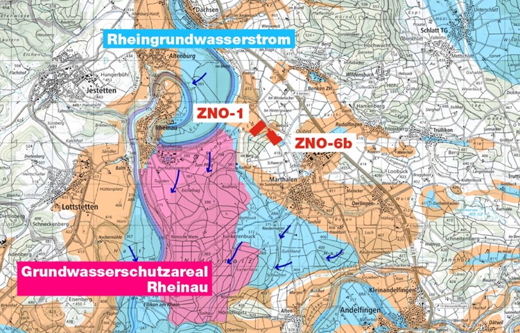Das Weinland (Gebiet Zürich Nordost, ZNO) ist auch Wasserschloss mit mächtigem (blau) und geringmächtigem (orange) Grundwasservorkommen. Hellrot das Grundwasserschutzareal Rheinau.