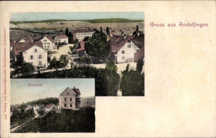 Das 1896/1897 erbaute Notariat ist spätestens 1898 auf Ansichtskarten festgehalten.  
Verlag von Karrer-Marquard, Buchbinderei, Andelfingen .