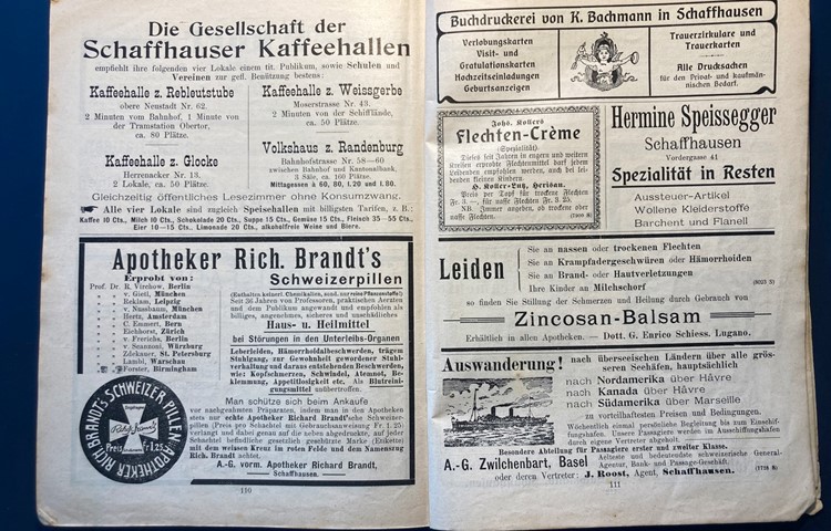 "Der Pilger aus Schaffhausen": Die Bilder 6 bis 9 zeigen Seiten des Jahrgangs 1914, bereits mit Fotos illustriert und mit aufschlussreichen Inseraten, unter anderem von Auswanderungsagenturen.