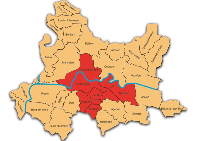 Eine Schule Weinland-Süd wird nicht weiterverfolgt, dafür eine Politische Gemeinde im gleichen Gebiet (rot eingefärbt) angeregt.
