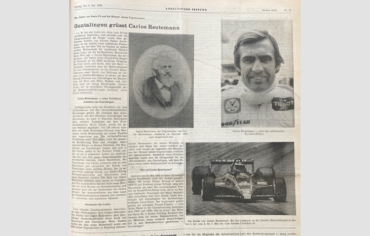 Die «Andelfinger Zeitung» vom 4. Mai 1979 kombinierte den ersten von zwei Berichten über den Zürcher Besuch von Carlos Reutemann noch mit Agenturfotos.