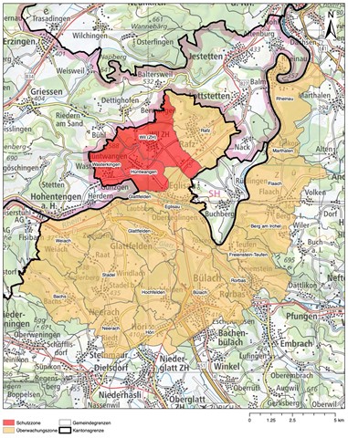 Die Karte des Kantons. Rot heisst Schutz-, gelb Überwachungszone.