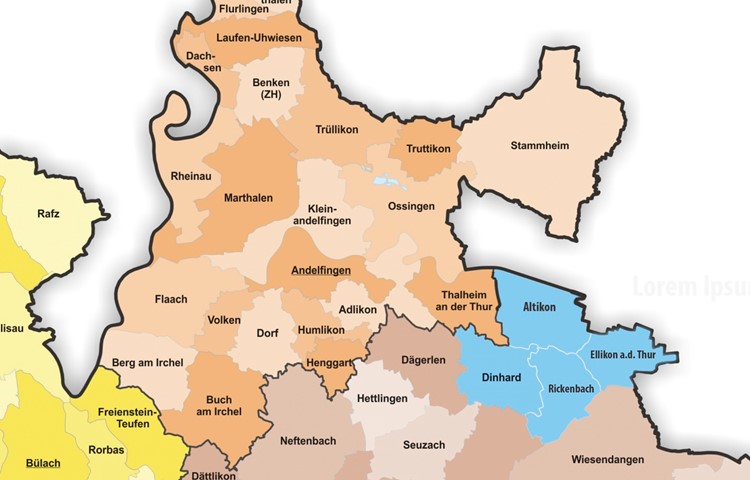 Altikon, Dinhard, Ellikon an der Thur und Rickenbach sind die vier ADER-Gemeinden (blau eingefärbt).