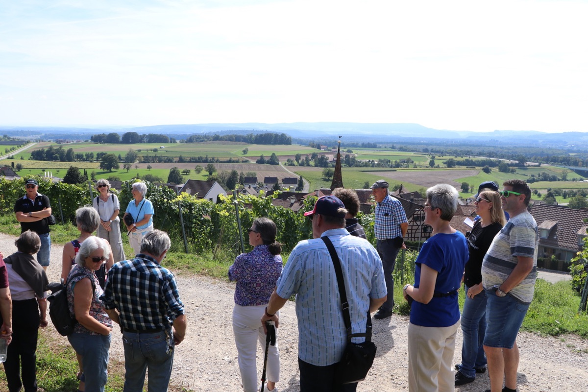 Die Teilnehmer des geführten Spaziergangs betrachten den historischen Dorfkern von Uhwiesen von oben. In der Mitte: der Turm der alten Dorfkapelle. Die Teilnehmer des geführten Spaziergangs betrachten den historischen Dorfkern von Uhwiesen von oben. In der Mitte: der Turm der alten Dorfkapelle.