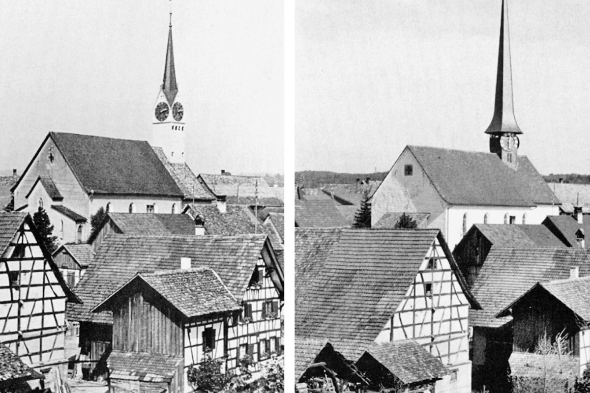 Der Turm der reformierten Kirche Marthalen wurde bei der Renovation 1975 markant verändert: links vorher, rechts so, wie er heute noch ist.