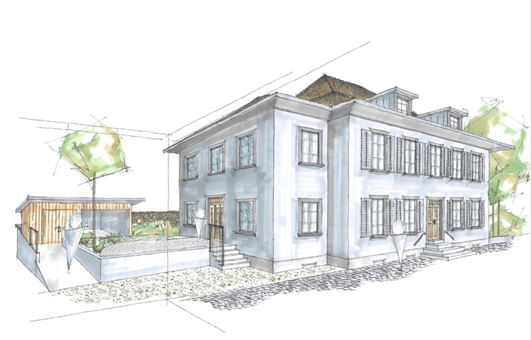 Eine Visualisierung des sanierten Pfarrhauses mit dem externen Treppenhaus im Anbau und einem grossen Schopf für Fahrräder und Gartenmaterialien.
