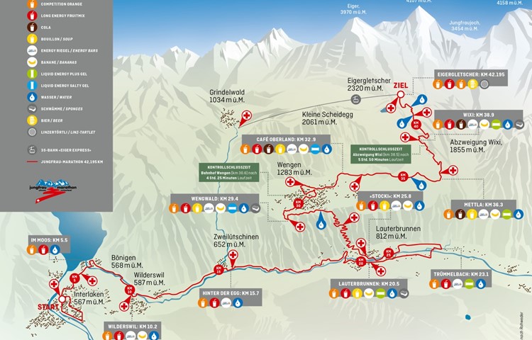 Die Streckenkarte des Jungfrau-Marathons inklusive «The Wall», dem steilen Zickzack-Aufstieg von Lauterbrunnen nach Wengen.