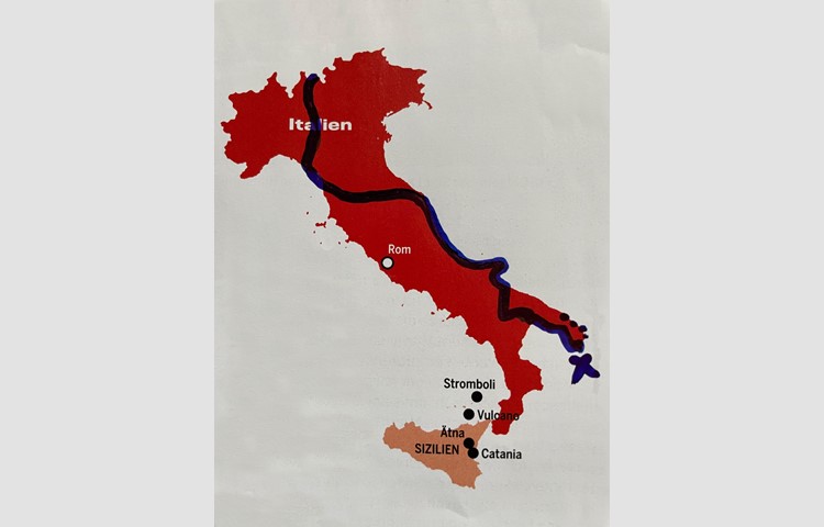 Die Route von Oberneunforn nach Santa Maria di Leuca (Kreuz) und zurück nach Brindisi (gepunktet).