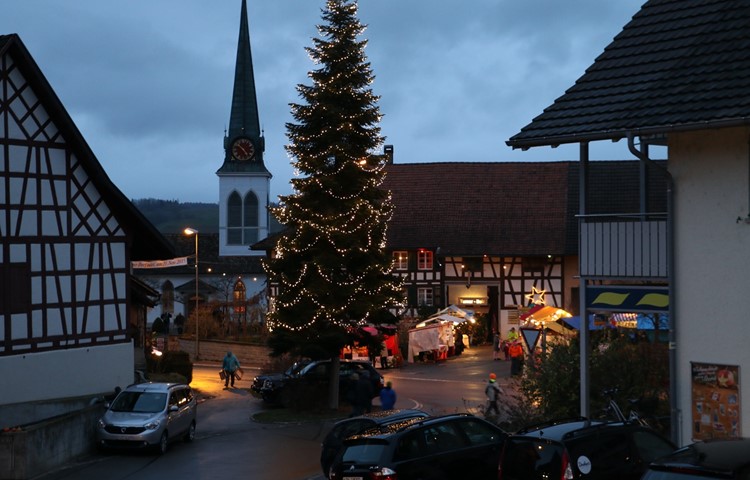 Die Tanne in Thalheim leuchtet nicht erst in der Adventszeit, sondern schon am Dorfmärt.