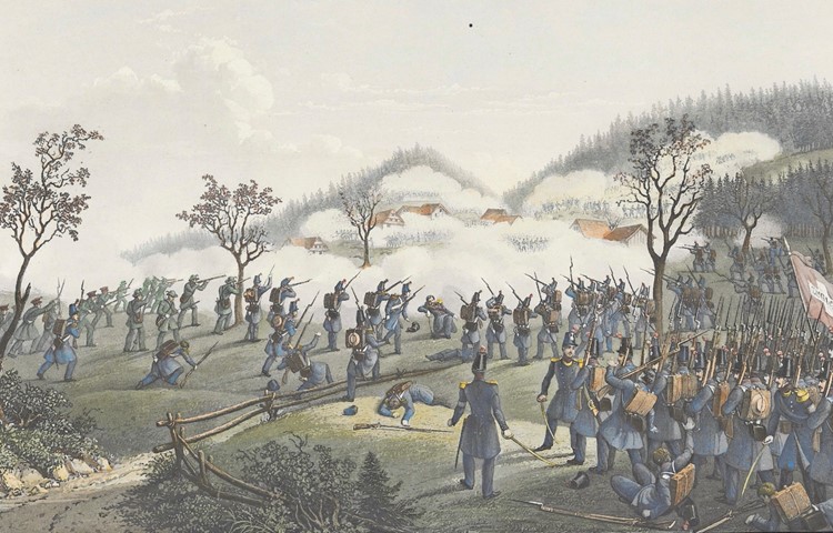 Das Gefecht bei Meierskappel am 23. November 1847 mit dem Henggarter Heinrich Frauenfelder (gestützt auf seinen Degen, Bildmitte).