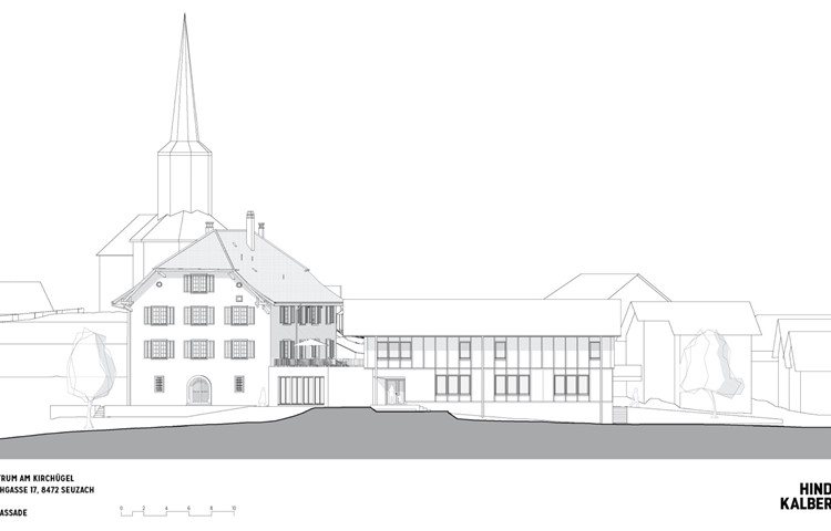 So soll es dereinst auf dem Kirchhügel aussehen. Blick an die Ostfassade des Kirchgemeindehauses mit Anbau.