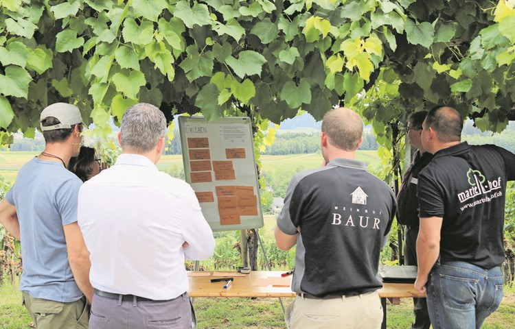 Erleben, Genuss, Beherbergung und Kommunikation – diese vier Themen erörterten die Teilnehmer der Zukunftswerkstatt auf dem Weingut Kilchsperger.