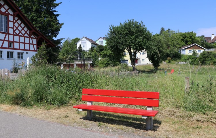 Bleibt das rote Bänkli die einzige Sitzgelegenheit an der Hinterdorfstrasse? Entschieden wird dies mittels Urnenabstimmung über den Spiel- und Begegnungsort in Henggart.