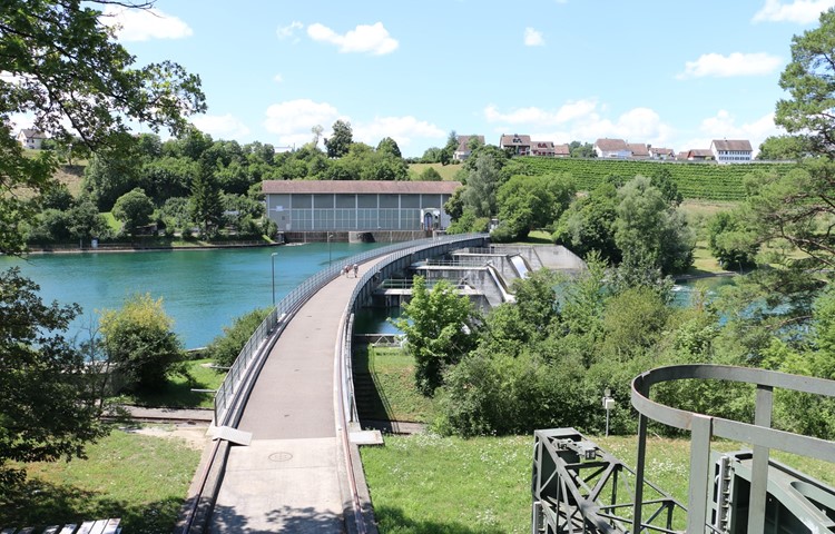 In Rheinau wird für das Ausleitkraftwerk Wasser aus dem Fliessgewässer entnommen (Bildmitte).