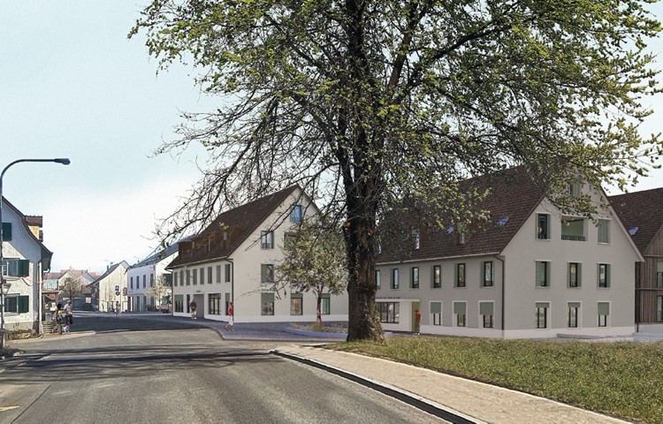 «Aachhof» heisst die Überbauung (im Bild die drei braunen Häuser), die die Leihkasse Stammheim neben ihrem neuen Bankgebäude (weisses Haus dahinter) und vis-à-vis APZ Stammertal hochziehen wird.