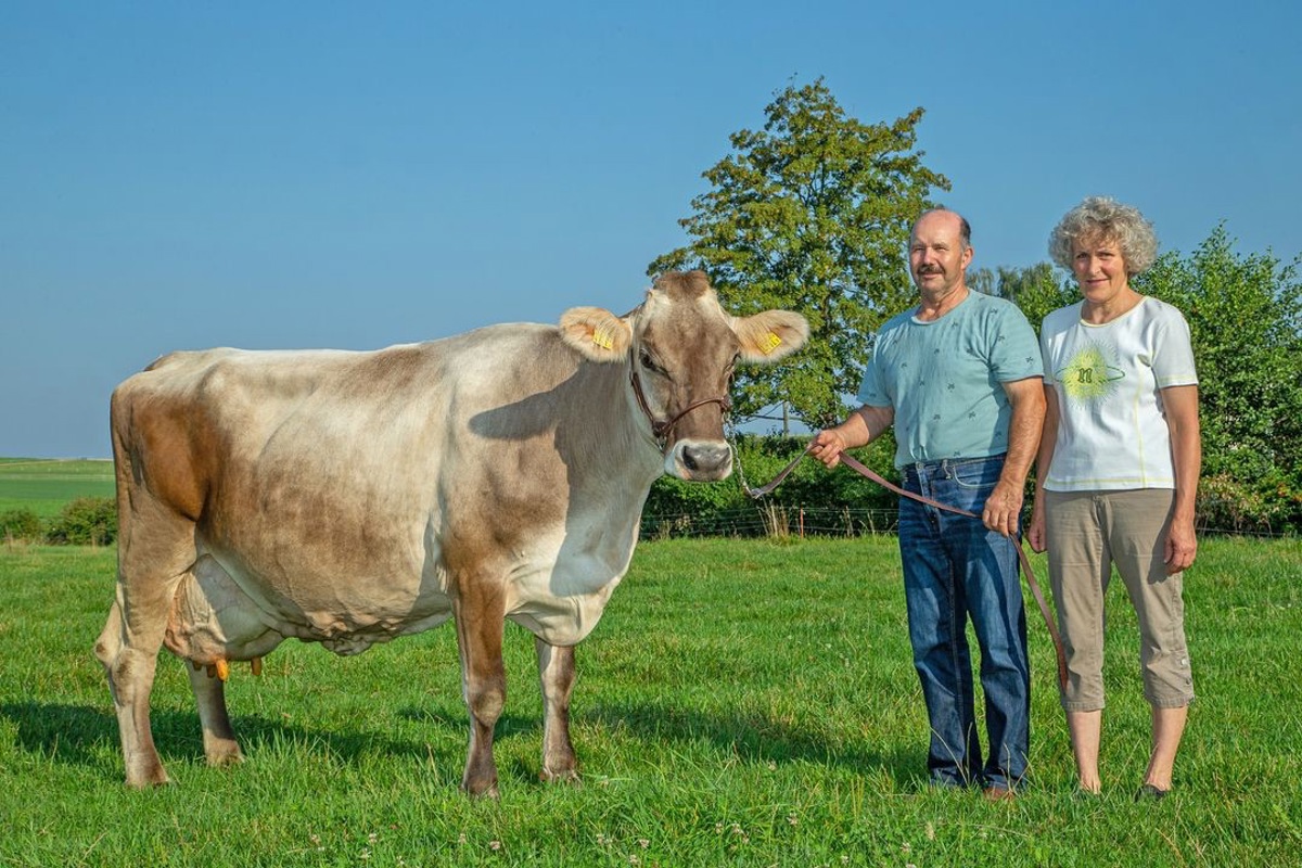 Ueli und Esther Müller im Jahr 2020 mit Sheena. Mit einer Lebendtagleistung (die produzierte Milch geteilt durch die Anzahl Lebenstage des Tieres) von 27 Kilogramm war die Braunvieh-Dame vergangenes Jahr unter den zwanzig besten Tieren ihrer Rasse – schweizweit.