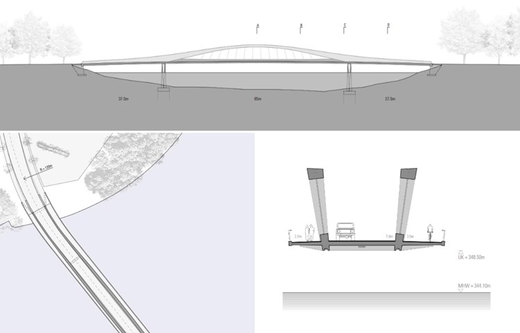 "Balance": Diese Skizze sah eine deutlich abgedrehte Linienführung vor, die Brücke wäre 160 Meter lang geworden, bei der Hauptspannweite 85 Meter. (Nicht zum Wettbewerb zugelassen"