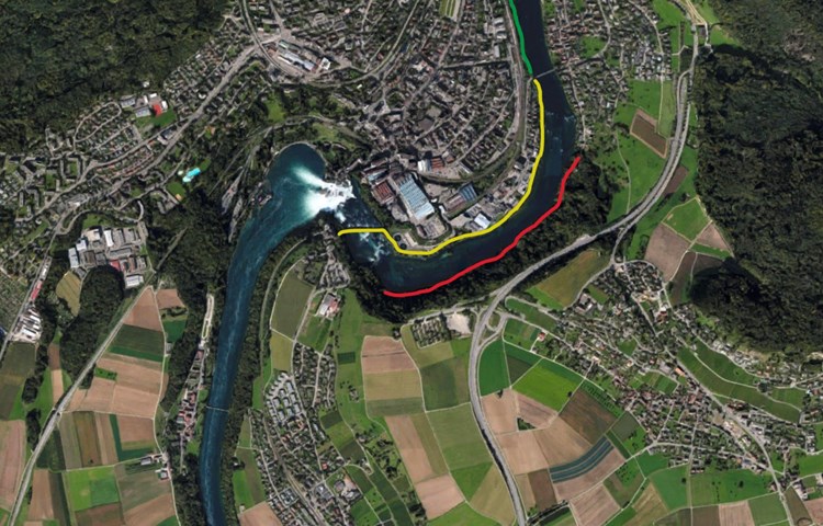 Drei Dachsemer möchten mit einer Petition erreichen, dass der Fussweg vom Rheinfall bis zum Flurlingersteg (gelb) zu Randzeiten auch für Velofahrer geöffnet wird.