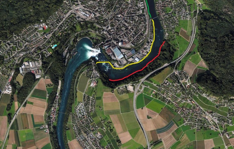 Der Weg von Flurlingen an den Rheinfall (rot) ist seit dem Hangrutsch 2018 gesperrt. Drei Dachsemer hatten deshalb eine Petition lanciert, dass als Alternative die Route vom Schloss Laufen über die Rheinfallbrücke (gelb) zeitweise für Velofahrer geöffnet würde.