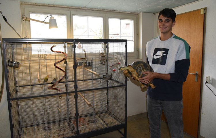 Als Schüler-Student konnte Tristan Eberhard Uni-Luft schnuppern. Seine Familie hat viele Haustiere wie diese Landschildkröte aus Madagaskar oder die afrikanischen Papageien im Käfig. Gern würde er später Human- oder Tiermedizin studieren.