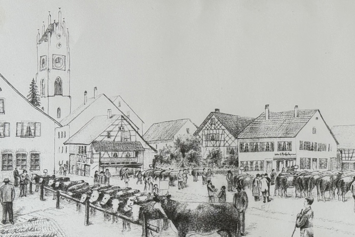 Kurz bevor der Marktplatz sein Gesicht veränderte, zeichnete Arnold Kübler die Viehschau im Jahr 1968. Zu sehen ist auch das Färberhaus, links neben der Sattlerei Pfeifer. Kurz bevor der Marktplatz sein Gesicht veränderte, zeichnete Arnold Kübler die Viehschau im Jahr 1968. Zu sehen ist auch das Färberhaus, links neben der Sattlerei Pfeifer.
