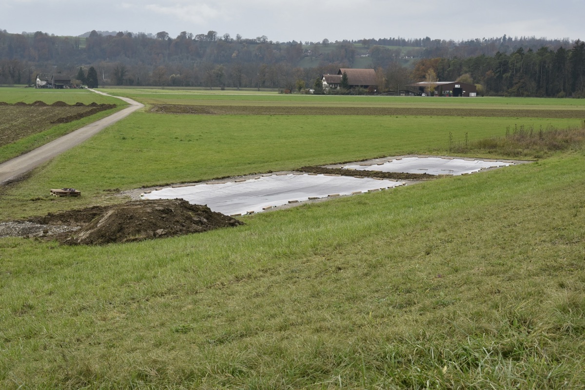 Zwei der neuen Tümpel in Flaach sind bereits mit Folie und Vlies ausgelegt.