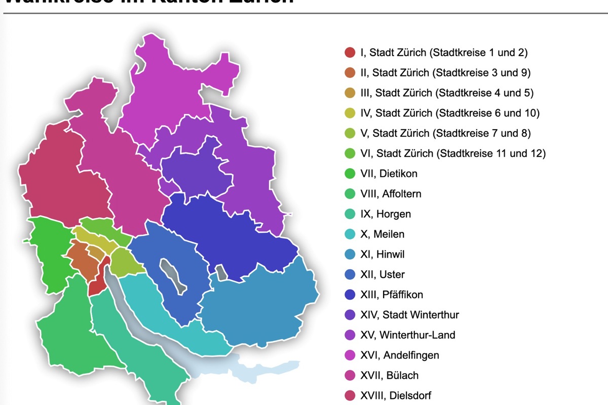Der Kanton ist in 18 Wahlkreise aufgeteilt, die nicht zwingend den Bezirksgrenzen entsprechen. Klicken Sie auf das Bild für die Vollansicht.