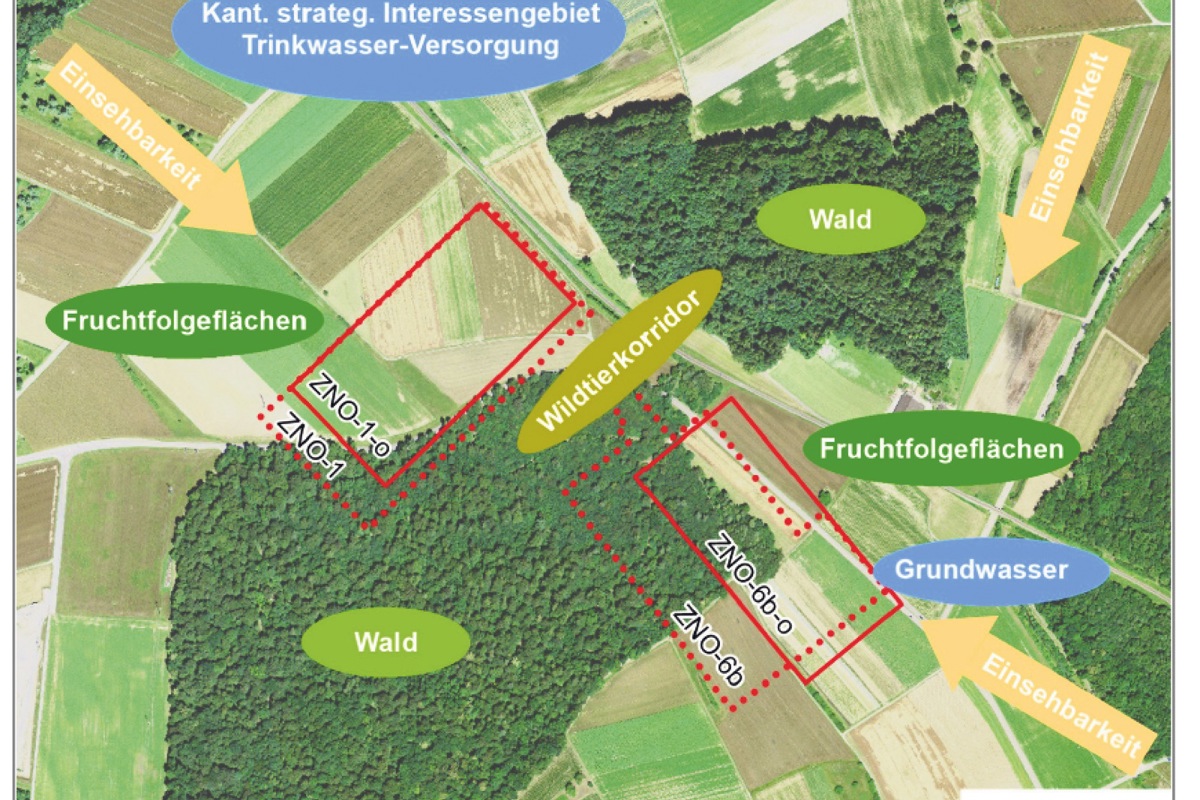 ZNO-1 läge rund 500 Meter nordwestlich von ZNO-6. Daran schliesst sich der Verladebahnhof an (parallel zu den Schienen