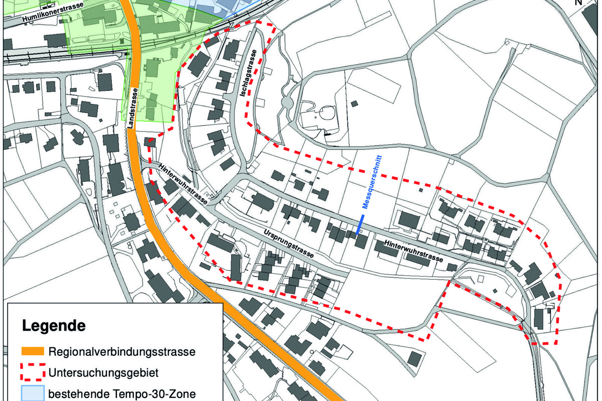 Die Tempo-30-Zone Hinterwuhr grenzt an die bestehende. Alle Strassen im Untersuchungsgebiet dienen in erster Linie der Erschliessung der sich dort befindenden Liegenschaften.