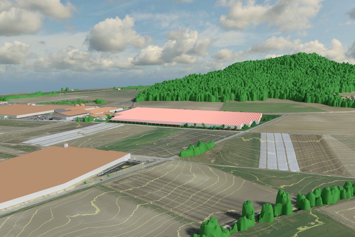 Blick von Basadingen in Richtung Schlattingen (rechts): An der Schlattinger-/Hauptstrasse ist das neue Glas-Gewächshaus (rot) geplant. In Braun: bestehende Gebäude und geplante Biomasseverwertungsanlage.