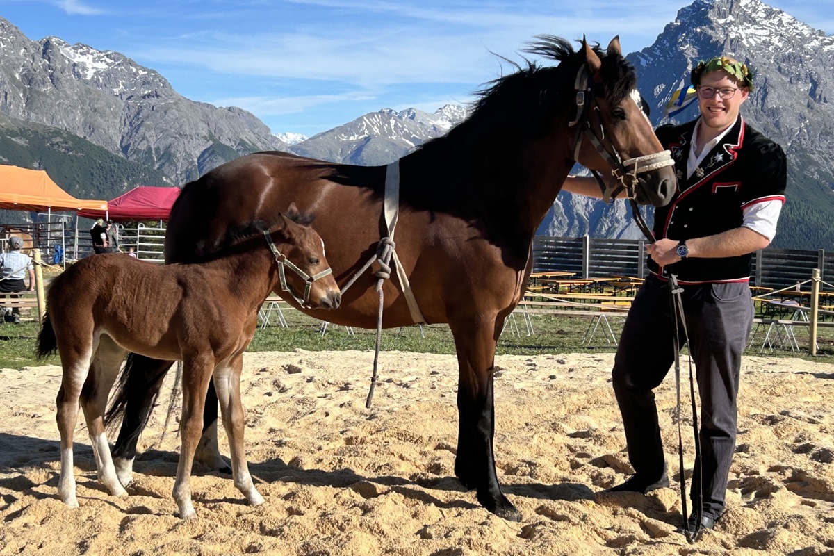Auf der Motta Naluns in Scuol GR konnte sich Philipp Lehmann über zweierlei Preise freuen: seinen elften Kranz und das Fohlen Emma.