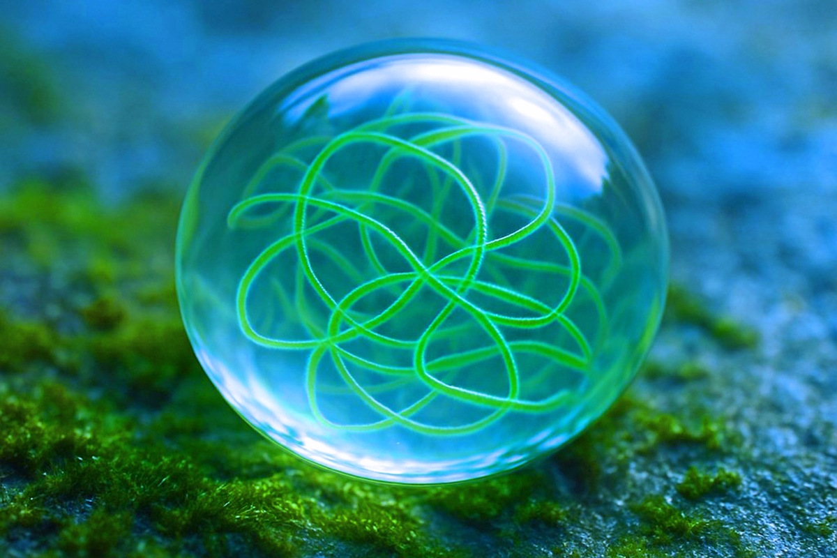 Modellhafte Darstellung fadenartiger Cyanobakterien in einer wässrigen Umgebung. Die Illustration zeigt ein vereinfachtes mikroskopisches Bild eines Tropfens, wie er in feuchten Böden oder Stillgewässern vorkommen kann.