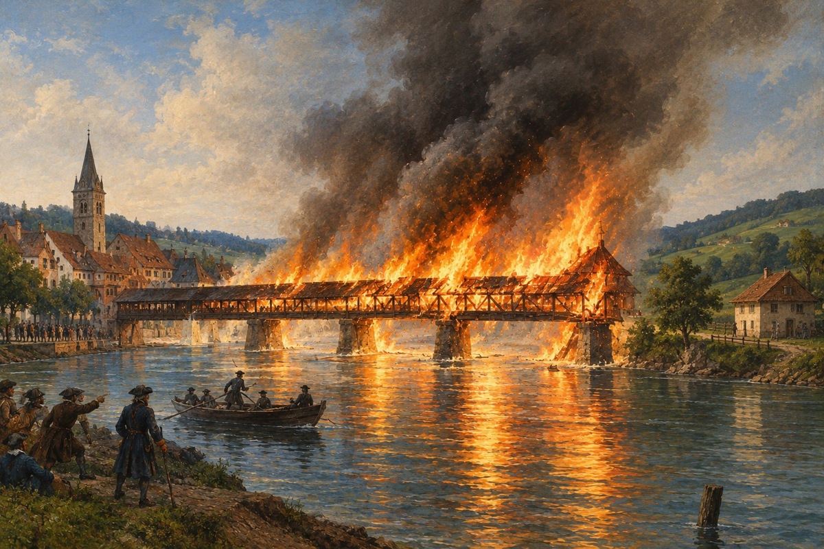 Etwa so dürfte es damals ausgesehen haben: Am 9. Oktober 1799 zündeten die Russen auf ihrer Flucht vor den Franzosen die Rheinbrücke in Diessenhofen an, wodurch diese vollständig zerstört wurde. 