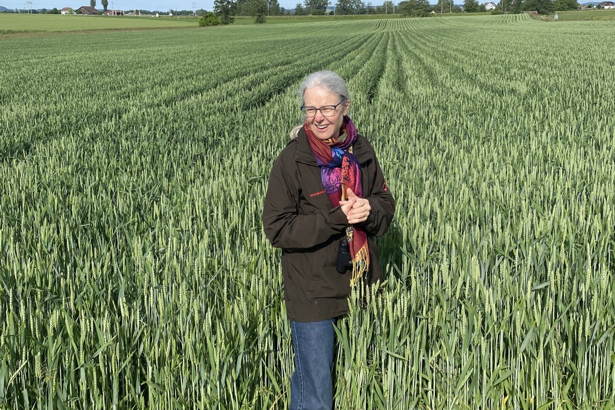 Beatrice Peter erläutert den Getreideanbau in weiter Reihe als Fördermassnahme für Feldlerche und Feldhase.
