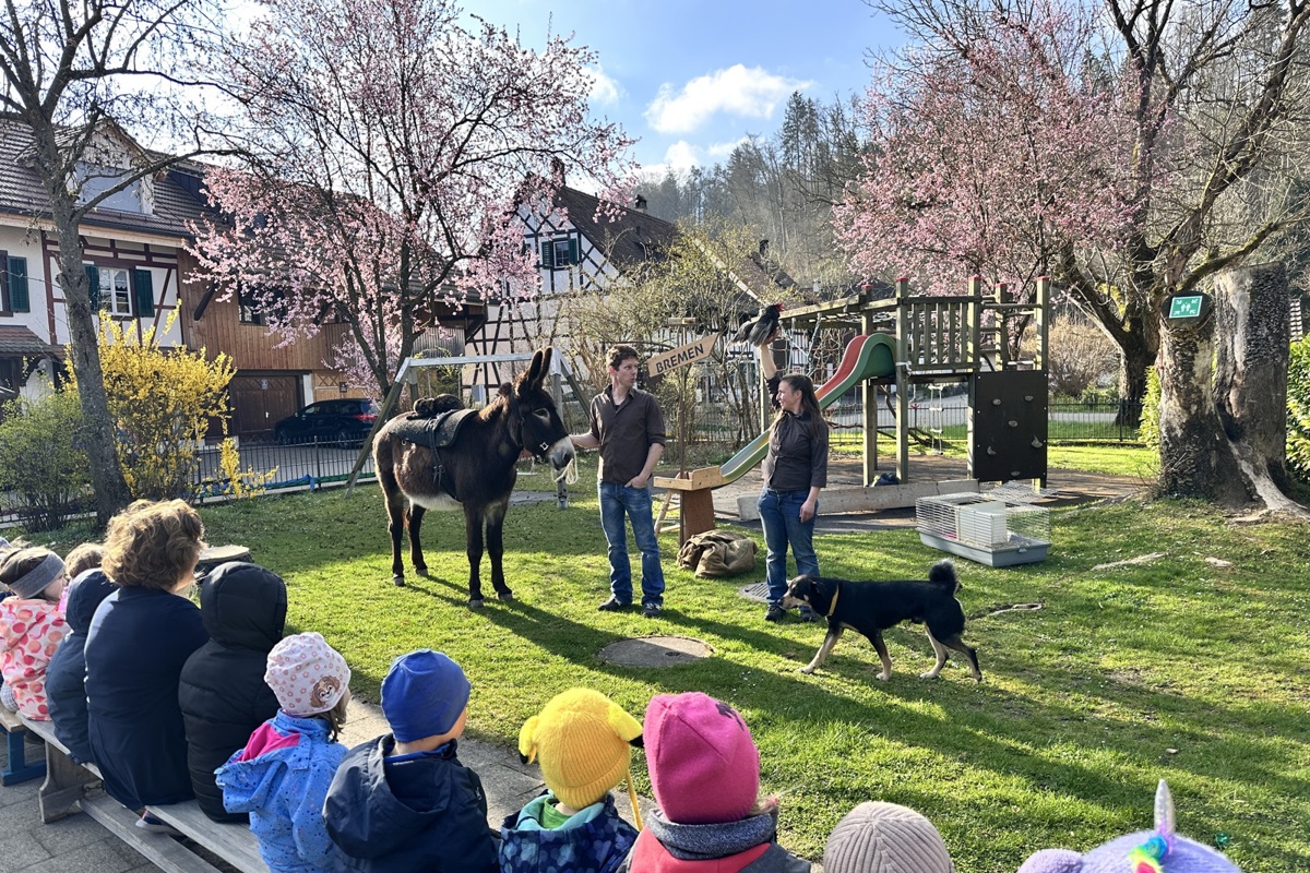 Die Kinder sassen so nah an den Bremer Stadtmusikanten, dass sie deren Fell streicheln konnten.
