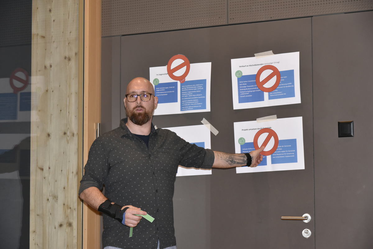 Gemeinderat Andreas Seifert erklärte, warum in Bestehendes investieren, selbst bauen und Komplettverkauf keine Optionen sind. Eine Mischform mit Abgabe der drei Mittelbuch-Grundstücke im Baurecht und im Verkauf sei am sinnvollsten.