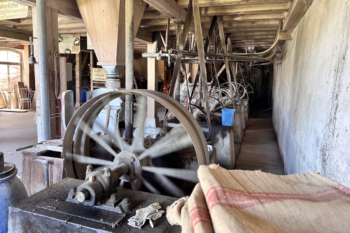 Eine Turbine im Keller und Transmissionsriemen bringen die Energie des Mülibachs in alle Stockwerke.