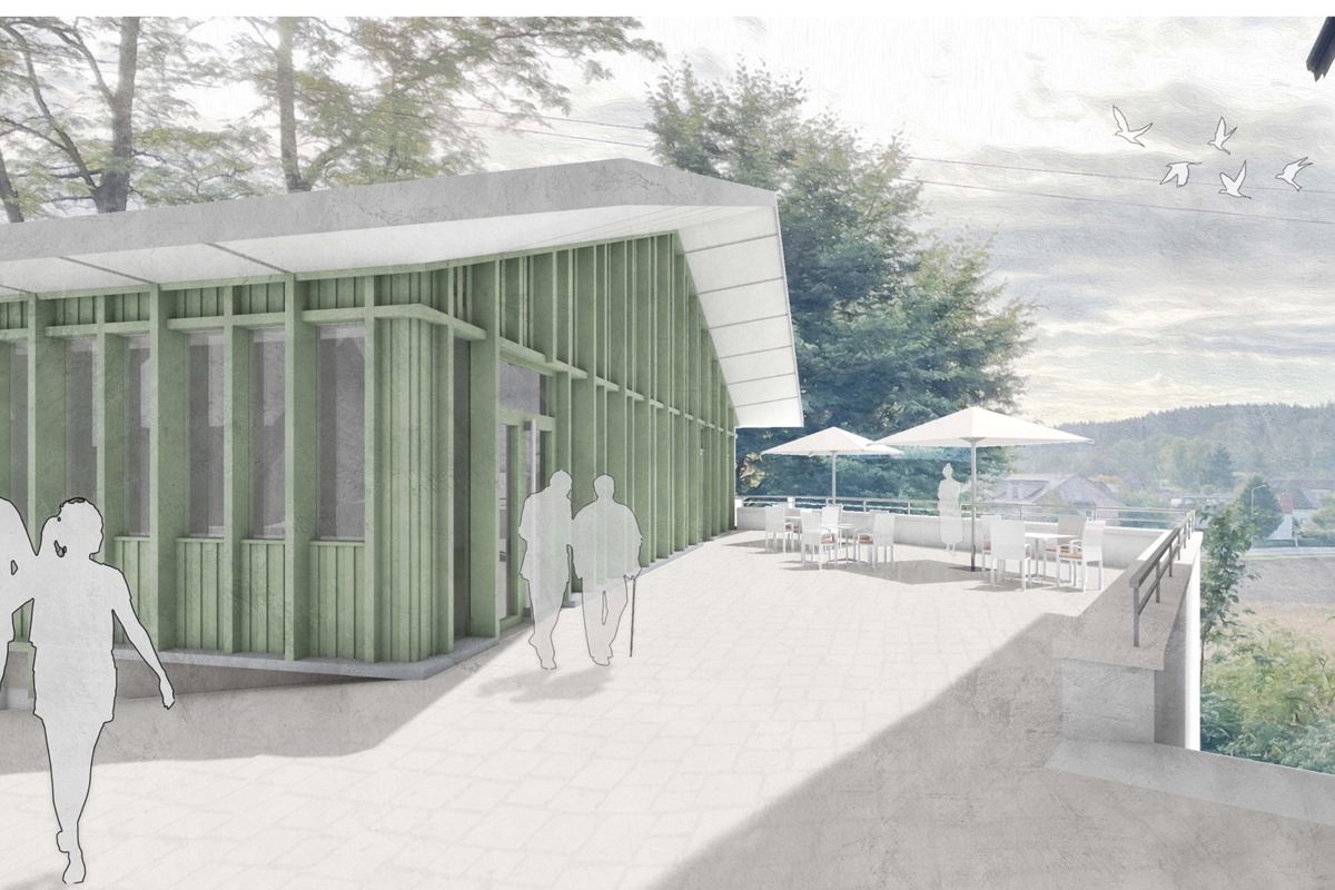 Blick nach Osten: Das Siegerprojekt «Zentrum am Kirchhügel Seuzach» der Winterthurer Architekten. Erkennbar sind die grünen Lisenen – wären sie horizontal