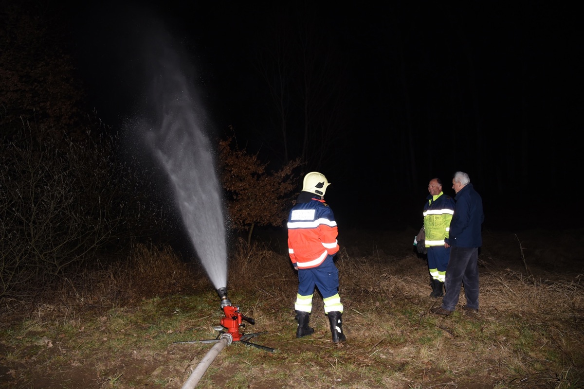 Unter den wachsamen Augen von Feuerwehrkommandant Heier Wipf (2. v. r.) und dem Präsidenten des Natur- und Heimatschutzvereins Hans-Ulrich Vollenweider (r.) wurde der Entelersee am Dienstagabend beregnet.
