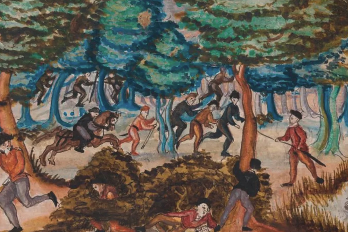 Bewaffnete Vertreter der Obrigkeit spüren in einem Wald eine heimliche Versammlung von Täufern auf. Darstellung aus Heinrich Bullingers Reformationschronik 1605/06.