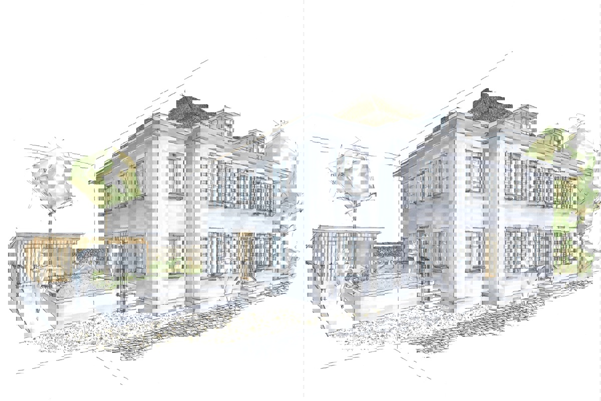 Eine Visualisierung des sanierten Pfarrhauses mit dem externen Treppenhaus im Anbau und einem grossen Schopf für Fahrräder und Gartenmaterialien.