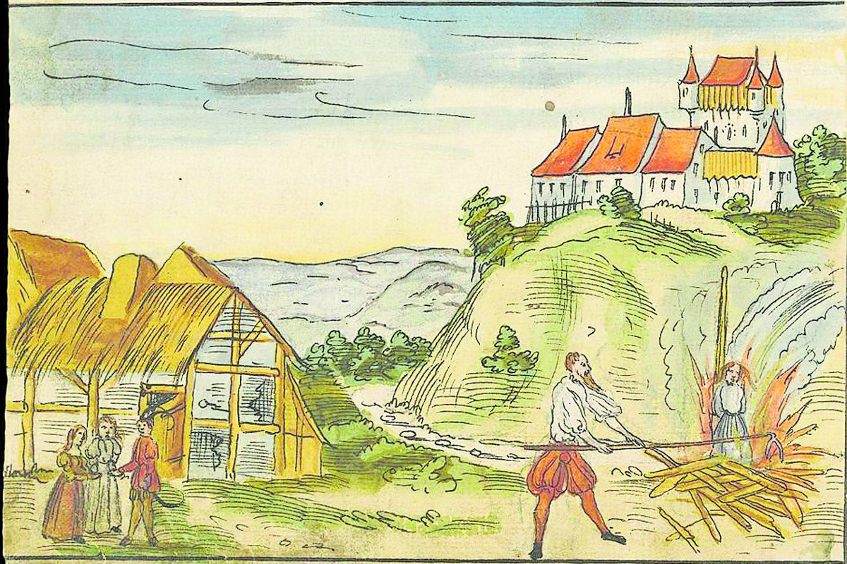 Darstellung einer Hexenverbrennung im niederbadischen Rötelen am 1. Oktober 1561 in der Sammlung «Wickiana» aus dem 16. Jahrhundert.  Darstellung einer Hexenverbrennung im niederbadischen Rötelen am 1. Oktober 1561 in der Sammlung «Wickiana» aus dem 16. Jahrhundert.