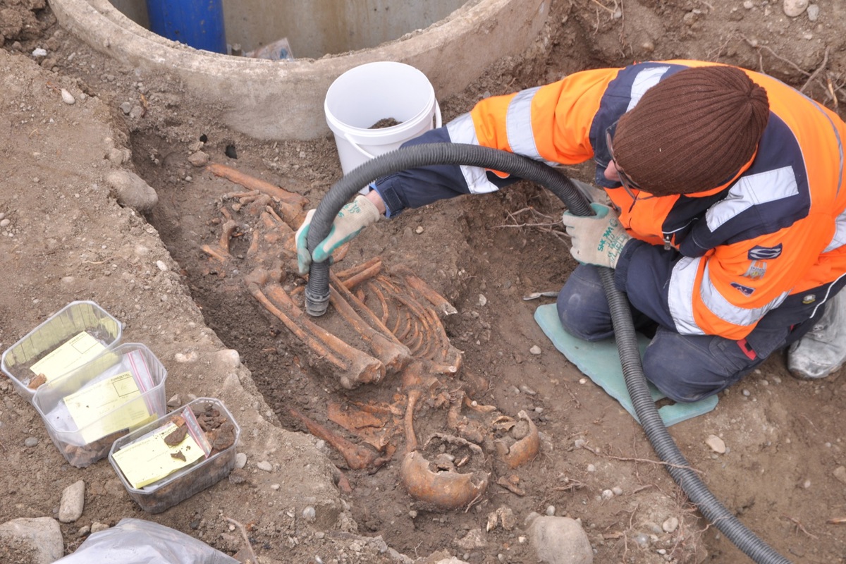 Eine Archäologin legt mit dem Staubsauger ein Skelett auf dem ausgegrabenen Laienfriedhof auf dem Klosterplatz frei.